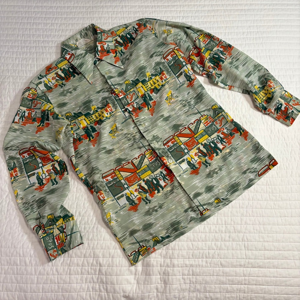 New Step 70s Vintage Novelty Print Disco Shirt Street Scene Mens Large